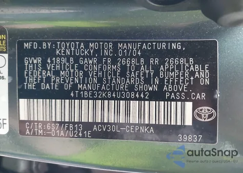 2004 Toyota Camry Le from USA, damaged, VIN 4T1BE32K84U308442